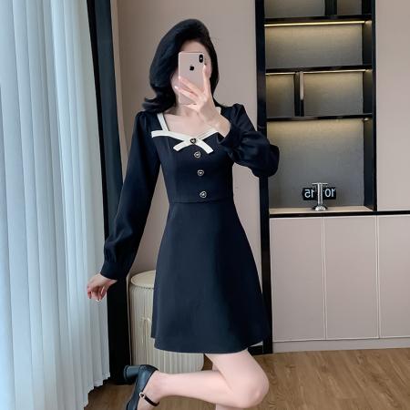 FA55653# 法式春季新款连衣裙高级感长袖方领黑色a字小香风短裙子  服裝批發女裝批發服飾貨源