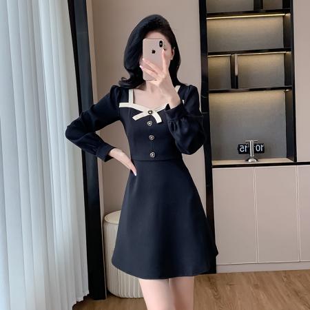 FA55653# 法式春季新款连衣裙高级感长袖方领黑色a字小香风短裙子  服裝批發女裝批發服飾貨源
