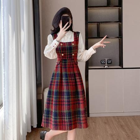 FA55654# 学院风毛呢连衣裙女春季新款衬衫拼接内搭假两件长连衣裙子  服裝批發女裝批發服飾貨源