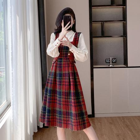 FA55654# 学院风毛呢连衣裙女春季新款衬衫拼接内搭假两件长连衣裙子  服裝批發女裝批發服飾貨源
