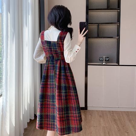 FA55654# 学院风毛呢连衣裙女春季新款衬衫拼接内搭假两件长连衣裙子  服裝批發女裝批發服飾貨源