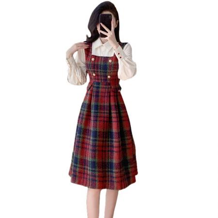 FA55654# 学院风毛呢连衣裙女春季新款衬衫拼接内搭假两件长连衣裙子  服裝批發女裝批發服飾貨源