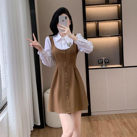FA55655# 美式假两件衬衣领拼接收腰显瘦时尚减龄遮肚子小个子连衣裙  服裝批發女裝批發服飾貨源