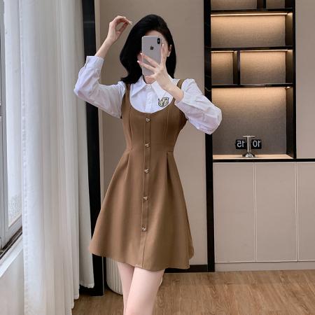FA55655# 美式假两件衬衣领拼接收腰显瘦时尚减龄遮肚子小个子连衣裙  服裝批發女裝批發服飾貨源