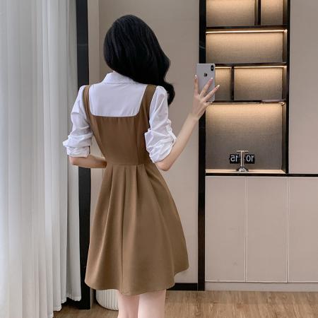 FA55655# 美式假两件衬衣领拼接收腰显瘦时尚减龄遮肚子小个子连衣裙  服裝批發女裝批發服飾貨源