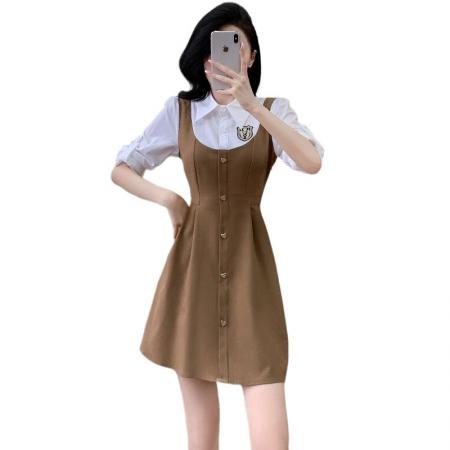 FA55655# 美式假两件衬衣领拼接收腰显瘦时尚减龄遮肚子小个子连衣裙  服裝批發女裝批發服飾貨源