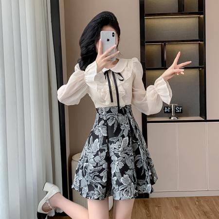 FA55656# 新款高级感提花a字裙娃娃领荷叶边甜美长袖连衣裙女早春季  服裝批發女裝批發服飾貨源