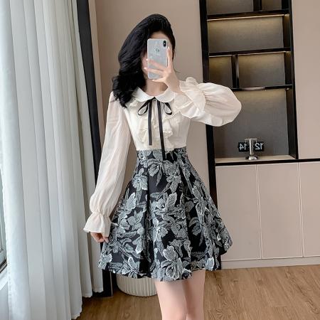 FA55656# 新款高级感提花a字裙娃娃领荷叶边甜美长袖连衣裙女早春季  服裝批發女裝批發服飾貨源