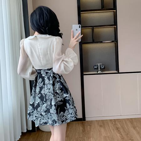 FA55656# 新款高级感提花a字裙娃娃领荷叶边甜美长袖连衣裙女早春季  服裝批發女裝批發服飾貨源