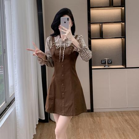 FA55657# 春季新款假两件背带裙连衣裙修身显瘦气质温柔甜美可爱小个子  服裝批發女裝批發服飾貨源