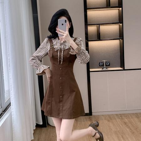 FA55657# 春季新款假两件背带裙连衣裙修身显瘦气质温柔甜美可爱小个子  服裝批發女裝批發服飾貨源