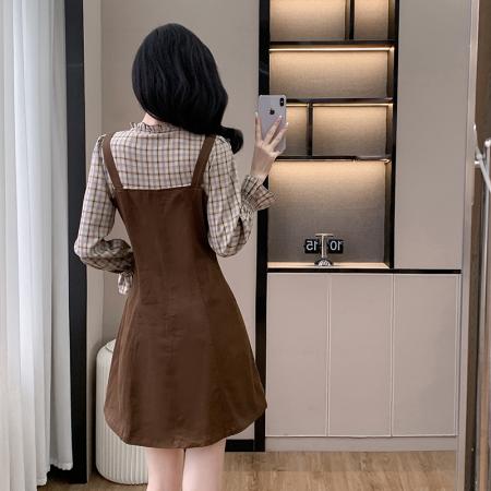 FA55657# 春季新款假两件背带裙连衣裙修身显瘦气质温柔甜美可爱小个子  服裝批發女裝批發服飾貨源