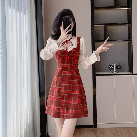 FA55658# 小香风连衣裙红色格子吊带赫本风富家千金a字短裙子秋冬款女  服裝批發女裝批發服飾貨源
