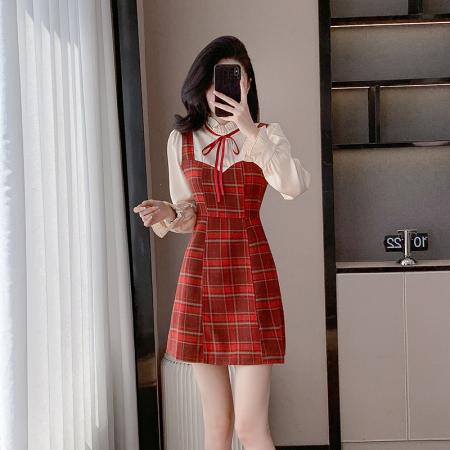 FA55658# 小香风连衣裙红色格子吊带赫本风富家千金a字短裙子秋冬款女  服裝批發女裝批發服飾貨源