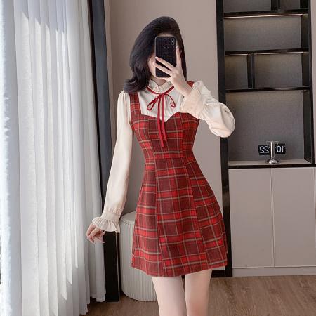 FA55658# 小香风连衣裙红色格子吊带赫本风富家千金a字短裙子秋冬款女  服裝批發女裝批發服飾貨源