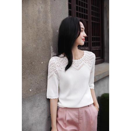 FA55660# 塑造篙贵典雅穿搭亲肤舒适花边7针挑洞镂空+钩针通勤小上衣  服裝批發女裝批發服飾貨源