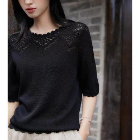 FA55660# 塑造篙贵典雅穿搭亲肤舒适花边7针挑洞镂空+钩针通勤小上衣  服裝批發女裝批發服飾貨源