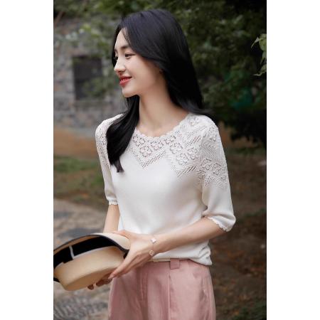 FA55660# 塑造篙贵典雅穿搭亲肤舒适花边7针挑洞镂空+钩针通勤小上衣  服裝批發女裝批發服飾貨源