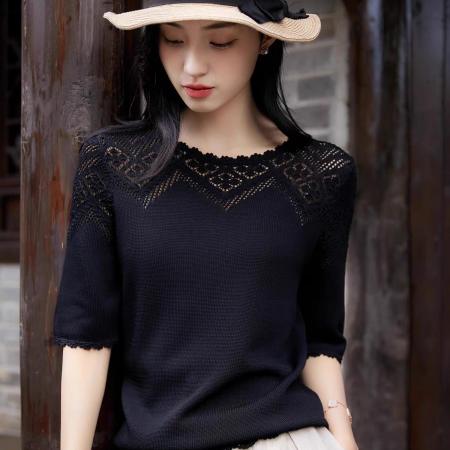 FA55660# 塑造篙贵典雅穿搭亲肤舒适花边7针挑洞镂空+钩针通勤小上衣  服裝批發女裝批發服飾貨源