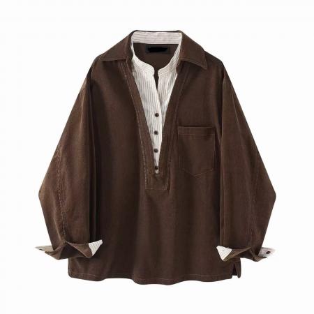 FA55661# 早春复古设计感咖色拼接条纹假两件灯芯绒中长衬衫女百搭通勤衬衣 服裝批發女裝批發服飾貨源