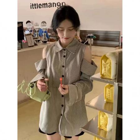 FA55662# 蓝海奕诺法式条纹露肩长袖衬衫女春秋设计感小众赫本风大码衬衣 服裝批發女裝批發服飾貨源