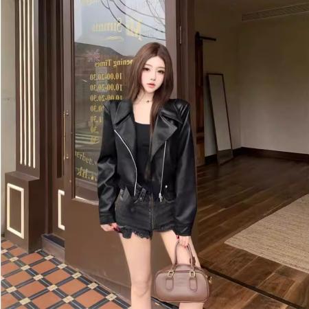 FA55663# 复古高级感超好看pu皮外套韩系小个子时尚气质夹克皮衣春季 服裝批發女裝批發服飾貨源