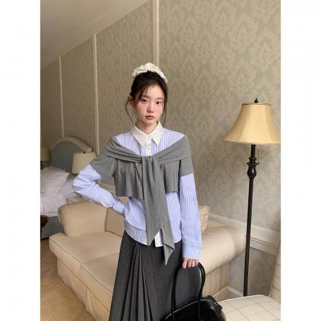 FA55665# 韩式学院风假两件衬衫女春秋时尚新款高级设计感显瘦百搭衬衣外套 服裝批發女裝批發服飾貨源