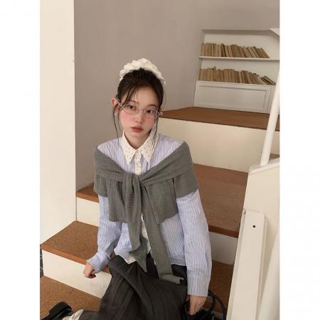 FA55665# 韩式学院风假两件衬衫女春秋时尚新款高级设计感显瘦百搭衬衣外套 服裝批發女裝批發服飾貨源