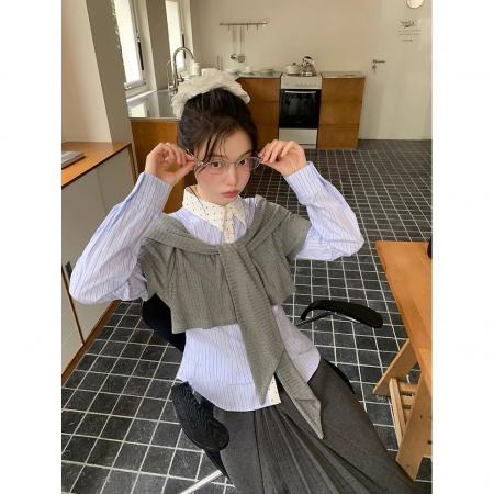 FA55665# 韩式学院风假两件衬衫女春秋时尚新款高级设计感显瘦百搭衬衣外套 服裝批發女裝批發服飾貨源