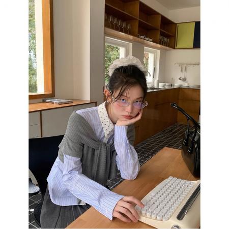 FA55665# 韩式学院风假两件衬衫女春秋时尚新款高级设计感显瘦百搭衬衣外套 服裝批發女裝批發服飾貨源