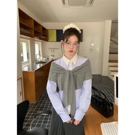 FA55665# 韩式学院风假两件衬衫女春秋时尚新款高级设计感显瘦百搭衬衣外套 服裝批發女裝批發服飾貨源