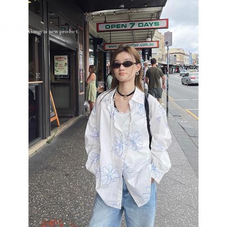 FA55666# CHENQG/陈钱罐慵懒设计感印花防晒衫上衣女气质薄款宽松休闲衬衫 服裝批發女裝批發服飾貨源