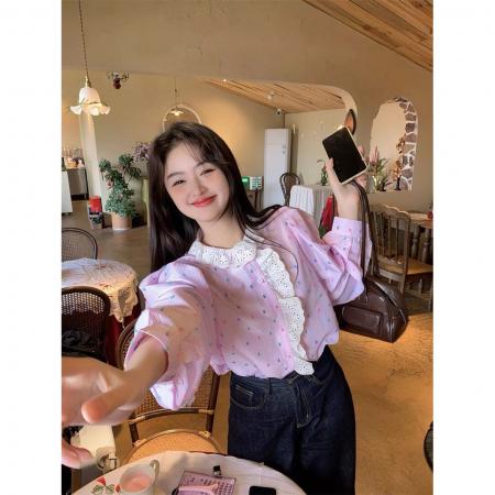 FA55667# 甜美重工拼接木耳边波点条纹长袖衬衫女春秋韩系设计感宽松上衣 服裝批發女裝批發服飾貨源