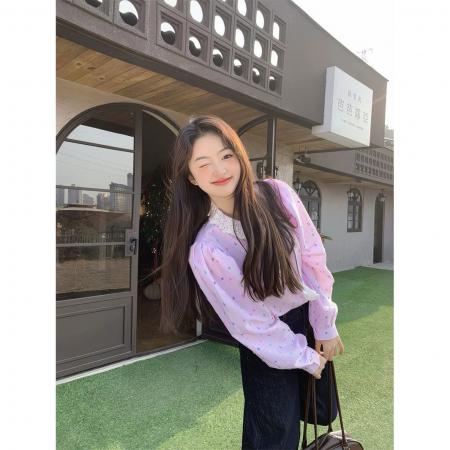 FA55667# 甜美重工拼接木耳边波点条纹长袖衬衫女春秋韩系设计感宽松上衣 服裝批發女裝批發服飾貨源