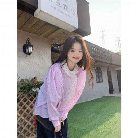 FA55667# 甜美重工拼接木耳边波点条纹长袖衬衫女春秋韩系设计感宽松上衣 服裝批發女裝批發服飾貨源