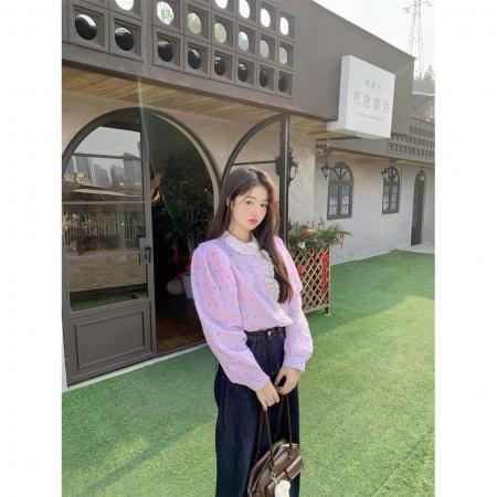 FA55667# 甜美重工拼接木耳边波点条纹长袖衬衫女春秋韩系设计感宽松上衣 服裝批發女裝批發服飾貨源