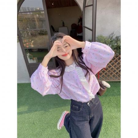 FA55667# 甜美重工拼接木耳边波点条纹长袖衬衫女春秋韩系设计感宽松上衣 服裝批發女裝批發服飾貨源