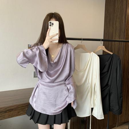 FA55668# 大码超火衬衫别致设计感系带收腰衬衣女荡领漂亮气质长袖上衣 服裝批發女裝批發服飾貨源