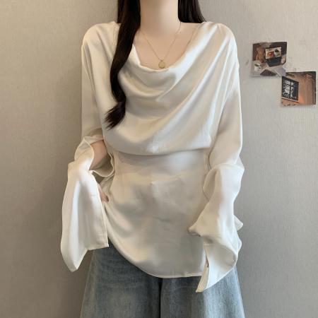 FA55668# 大码超火衬衫别致设计感系带收腰衬衣女荡领漂亮气质长袖上衣 服裝批發女裝批發服飾貨源