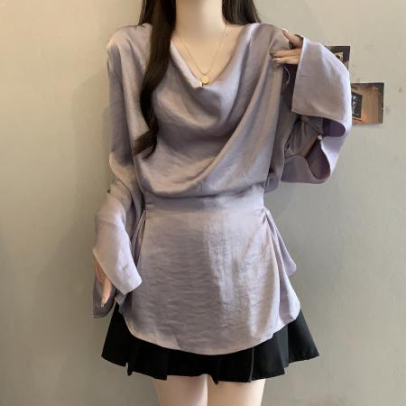 FA55668# 大码超火衬衫别致设计感系带收腰衬衣女荡领漂亮气质长袖上衣 服裝批發女裝批發服飾貨源