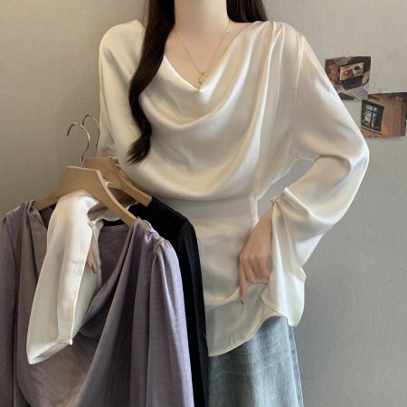 FA55668# 大码超火衬衫别致设计感系带收腰衬衣女荡领漂亮气质长袖上衣 服裝批發女裝批發服飾貨源