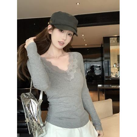 FA55669# 蕾丝拼接长袖女新款秋冬季显瘦高级感上衣 服裝批發女裝批發服飾貨源