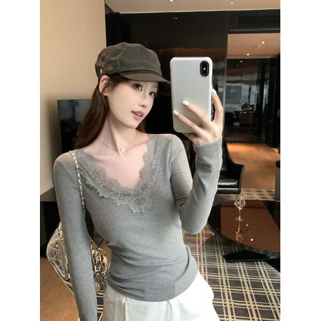 FA55669# 蕾丝拼接长袖女新款秋冬季显瘦高级感上衣 服裝批發女裝批發服飾貨源