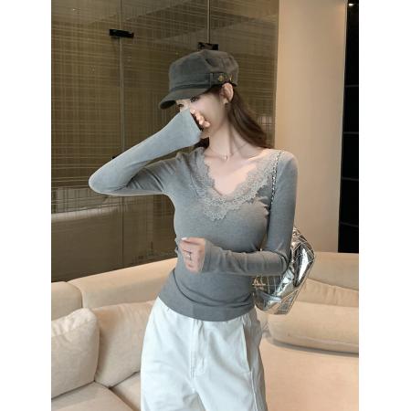 FA55669# 蕾丝拼接长袖女新款秋冬季显瘦高级感上衣 服裝批發女裝批發服飾貨源