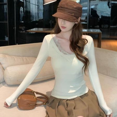 FA55669# 蕾丝拼接长袖女新款秋冬季显瘦高级感上衣 服裝批發女裝批發服飾貨源