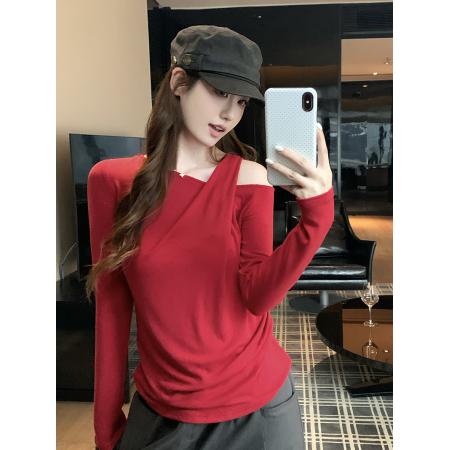 FA55670# 设计感红色不规则斜肩长袖t恤女秋冬季 服裝批發女裝批發服飾貨源
