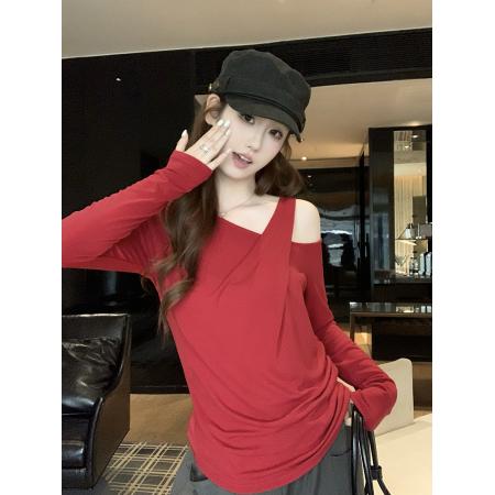 FA55670# 设计感红色不规则斜肩长袖t恤女秋冬季 服裝批發女裝批發服飾貨源