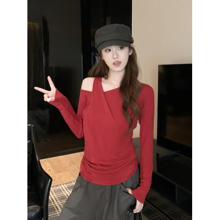 FA55670# 设计感红色不规则斜肩长袖t恤女秋冬季 服裝批發女裝批發服飾貨源