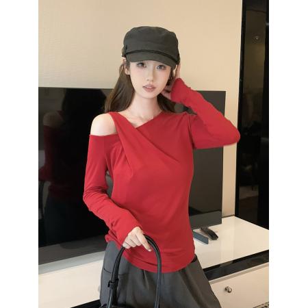 FA55670# 设计感红色不规则斜肩长袖t恤女秋冬季 服裝批發女裝批發服飾貨源