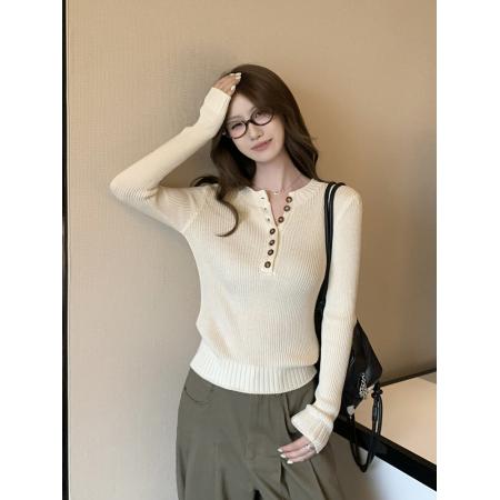 FA55671# 韩系白色半开领正肩长袖针织衫女秋冬 服裝批發女裝批發服飾貨源